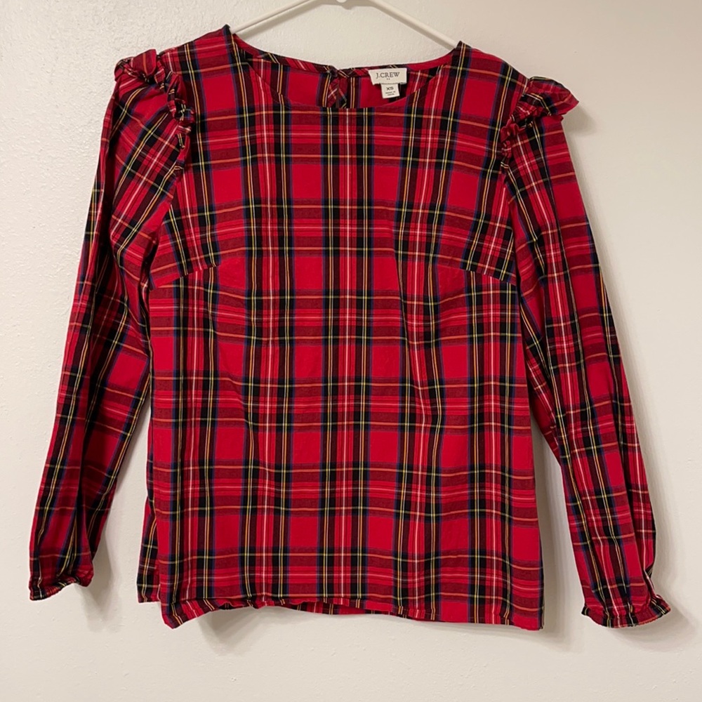 NWOT Jcrew red tartan plaid ruffle long sleeve blouse size XS